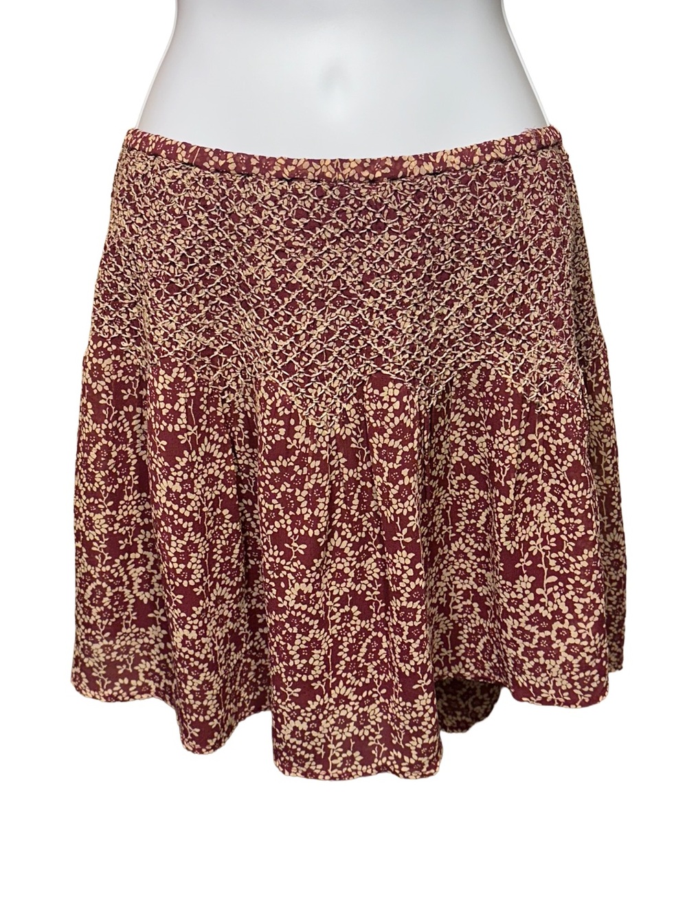 Ulla Johnson Silk Smocked Ditsy Floral Burgundy Mini Skirt Size 2